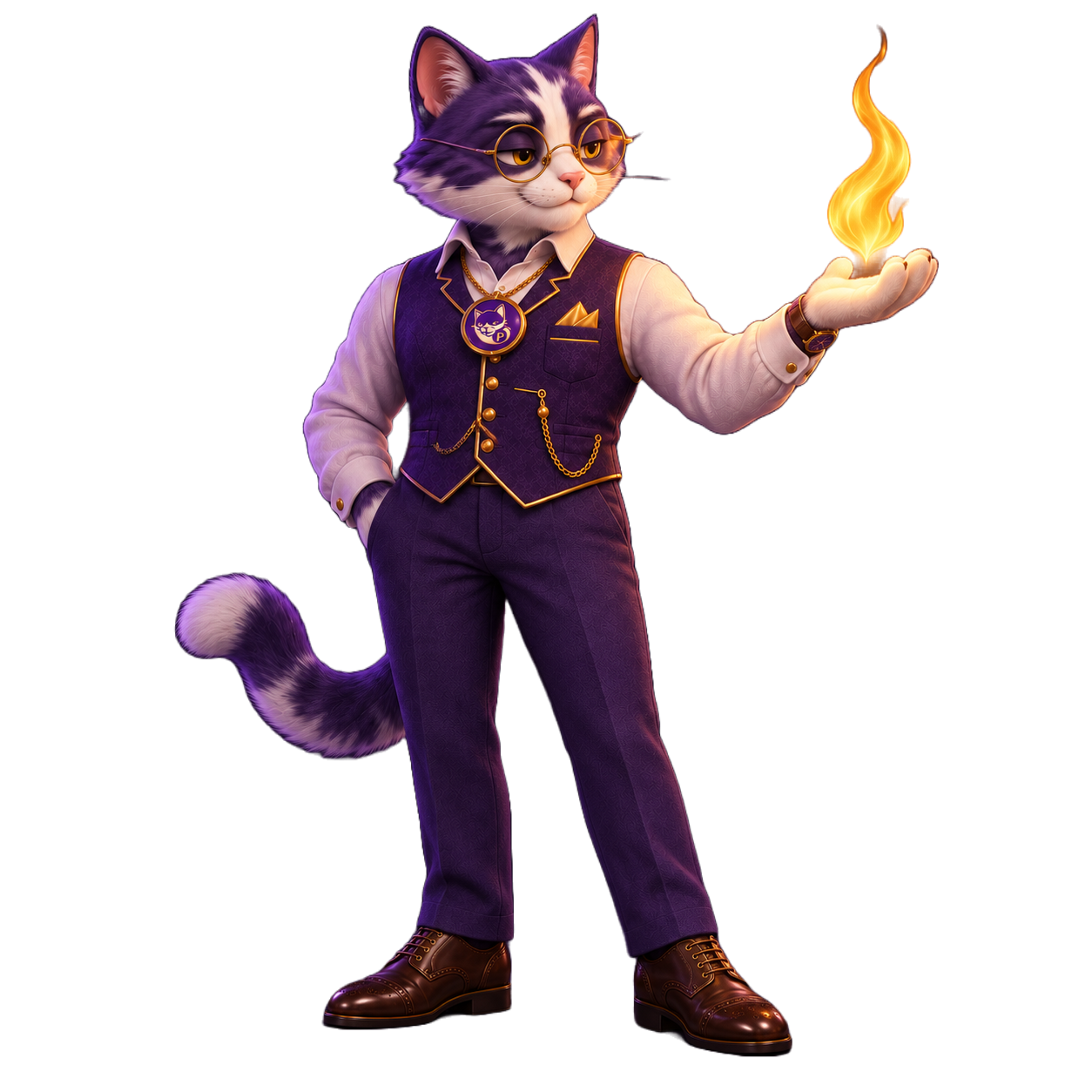Proton Pussy cat holding a glowing flame to represent burned PUSSY tokens