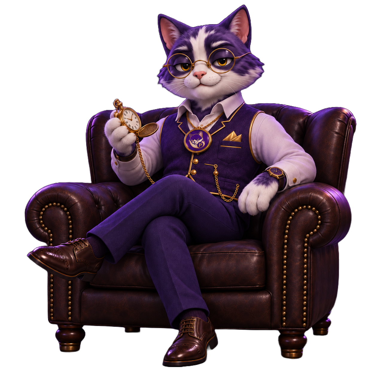Proton Pussy cat relaxing in a leather armchair, holding a gold pocket watch and wearing the PUSSY coin necklace