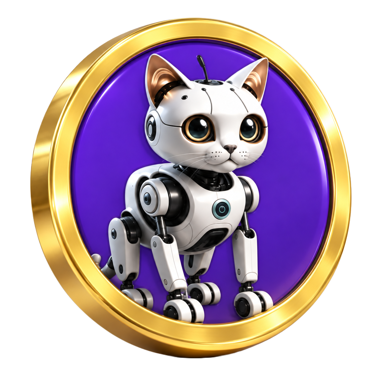 Gold and purple AI Robot Kitty coin featuring Fluffy, a white robotic cat