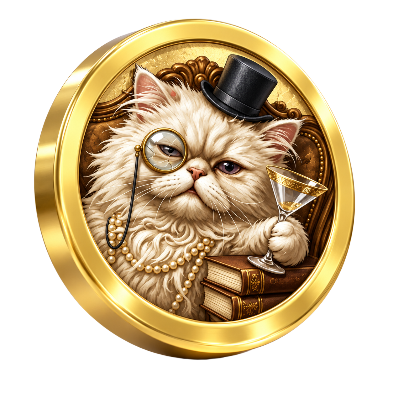 Gold Drunk Pussy coin featuring Sharon with a top hat, monocle and cocktail glass
