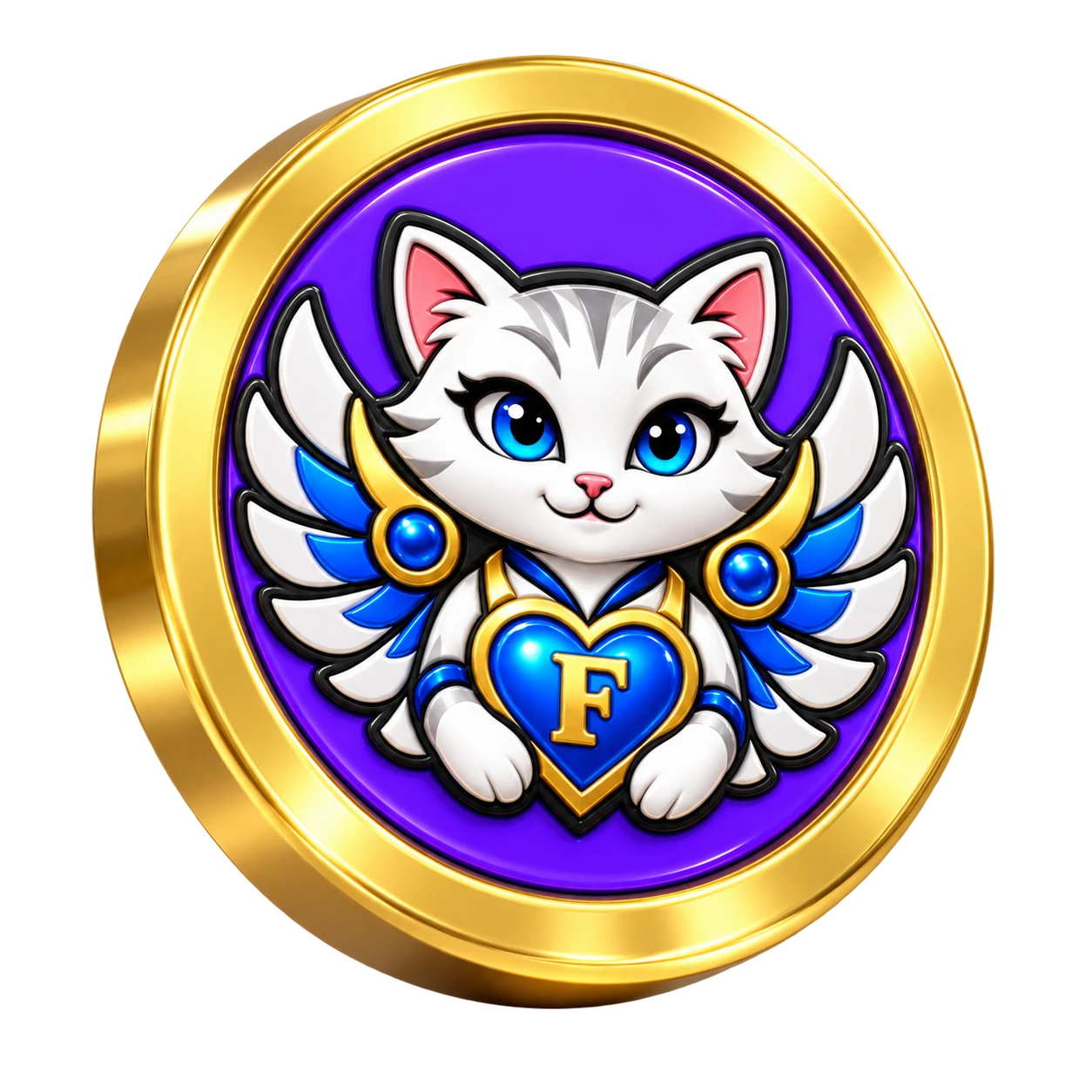 Gold and purple Flappy coin featuring a white superhero cat with mechanical wings, blue eyes and a golden F on her glowing blue heart