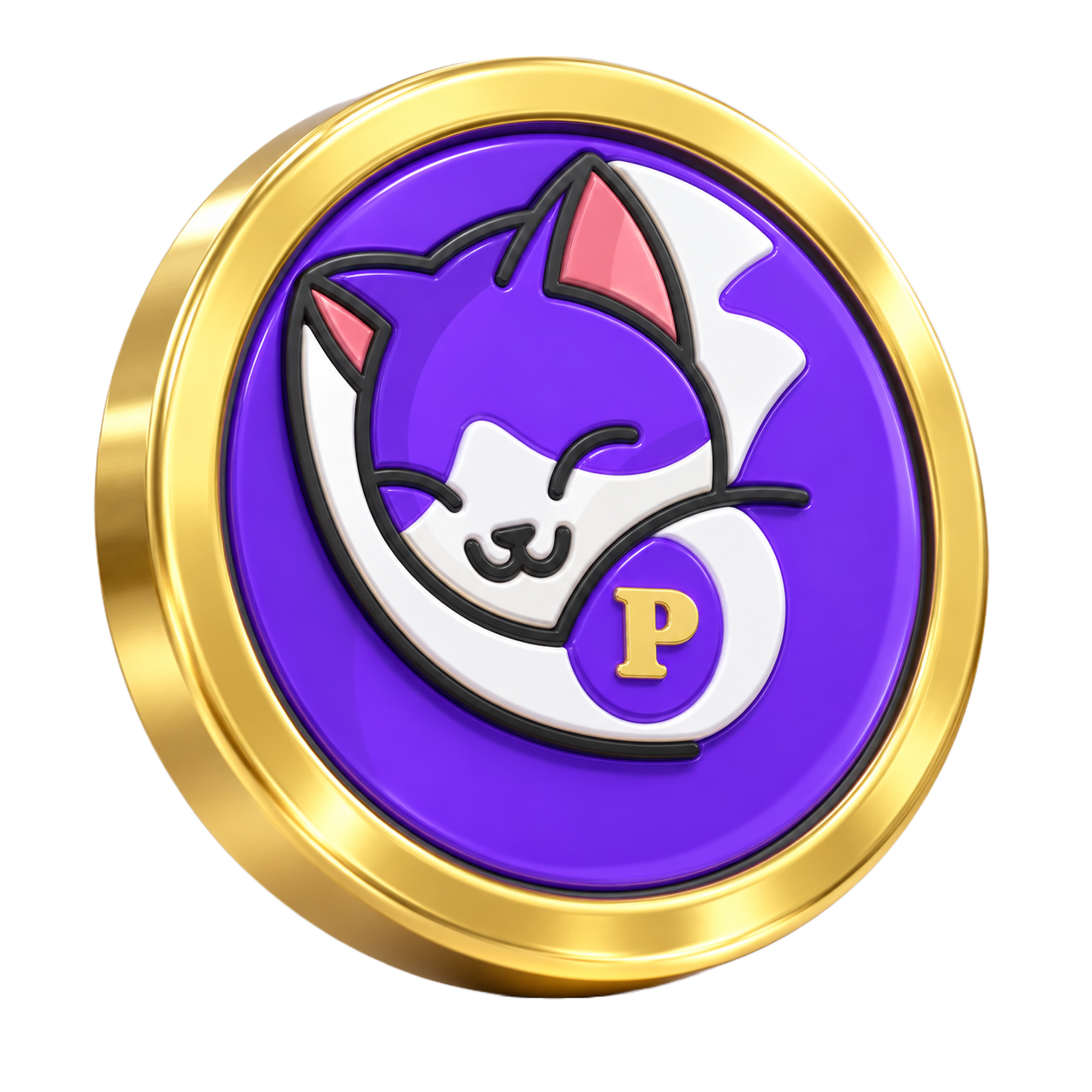 Gold and purple Proton Pussy coin featuring the smiling cat emblem